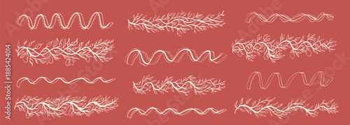 Vintage whimsical menu doodle botanical, lace dividers. Hand-drawn flourishes, ornate plant retro underlines. Vector decorative element with organic tree branch, ribbons for wedding invitation, frame.