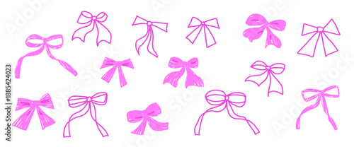 Bows crayon drawn set. Coquette ribbons doodle isolated on white background. Bowknot elements. Vector girly band by pencil illustration isolated on transparent background.