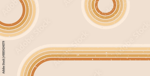 Boho rainbow lines path textured background. Horizontal banner with rounded and curve stripes abstract pattern. Vector vintage circular underline geometric backdrop. Dynamic warm colors wallpaper.