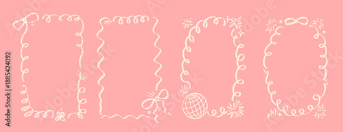 Bachelorette whimsical lace ribbon frames. Coquette borders with bows set. Squiggle menu cadre. Vector wedding frame on pink background. Christmas or festive oval and rectangle forms.