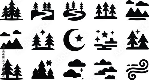Collection of minimalist black icons representing natural landscapes including trees rivers and celestial features