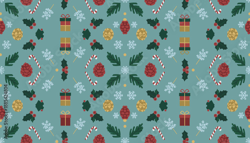 Seamless Christmas pattern with gifts holly pine cones and candy canes on a teal background