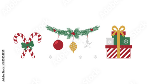 Flat vector illustration of Christmas icons candy canes festive garland and wrapped presents
