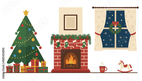 Cozy Christmas scene decorated tree fireplace with stockings gifts and snowy window