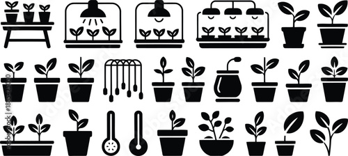 Comprehensive black silhouette icons showcasing plant care, various potted plants, and cultivation tools