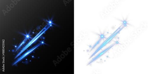Abstract blue glowing shooting stars and light streaks on dark background.