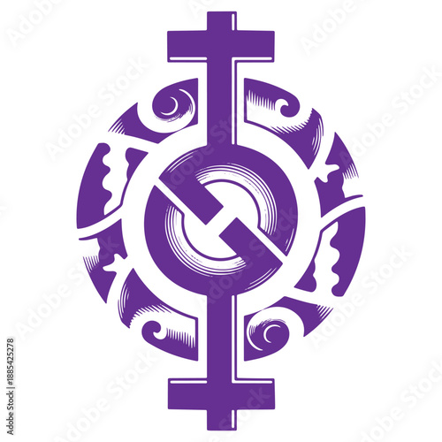 Purple Symbolic Design Featuring Male and Female Symbols with Swirls and Circles
