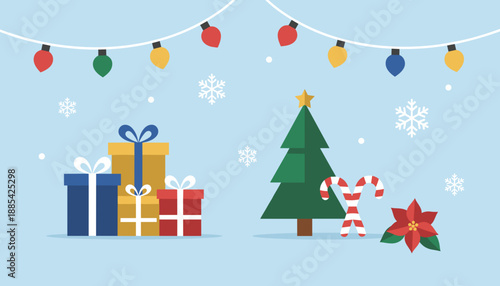 Festive Christmas scene illustration with gifts tree lights and falling snowflakes