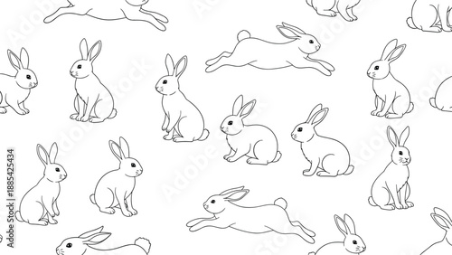 Seamless pattern of minimalist black and white line art rabbits in various poses for playful and charming nursery room wallpaper.