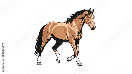 Detailed illustration of a majestic brown horse with a black mane captured in a dynamic running pose for equestrian themed art.