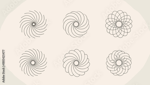 Set of six black and white spiraling geometric icons features hypnotic line patterns for modern and abstract design projects.