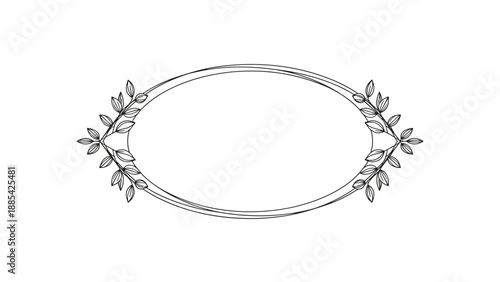 Elegant oval frame with decorative leaf branches on the sides is drawn in black and white line art for invitations and labels.