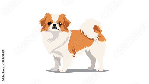 Sweet illustration of a small fluffy dog with orange and white fur standing alertly against a plain white background for pet themed projects.