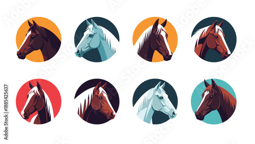 Comprehensive set of eight colorful circular icons featuring different horse head portraits in various breeds and vibrant color palettes.