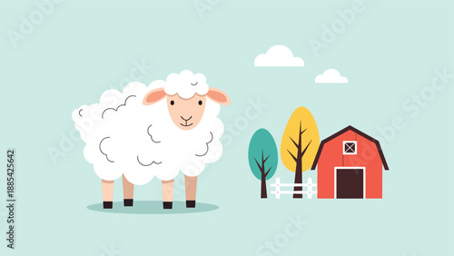 Charming illustration of a fluffy white sheep standing in a farm scene with a red barn, colorful trees, and clouds in the background sky.