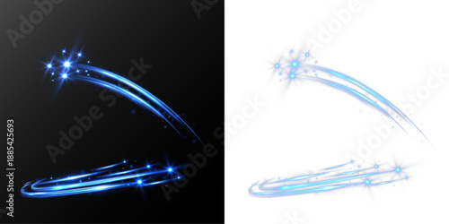 Abstract blue glowing light streaks and star trails collection on black background.