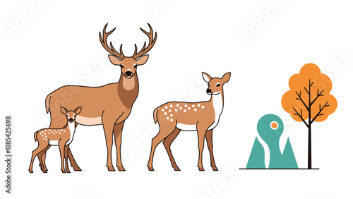 Flat style illustration of a deer family including a stag, doe, and fawn standing next to a stylized tree and mountain icon in the forest.