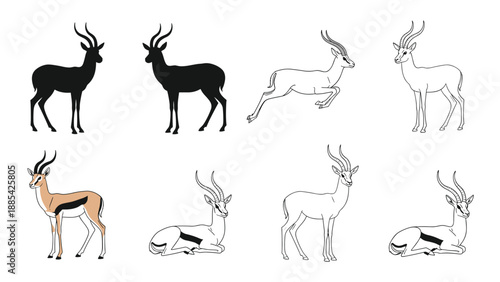 Diverse collection of eight gazelle or antelope illustrations showing different poses like standing, lying, and jumping in various styles.