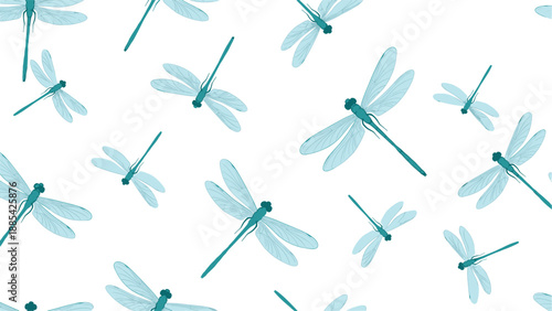 Elegant seamless pattern showcasing delicate turquoise dragonflies with detailed wings scattered across a crisp white background.