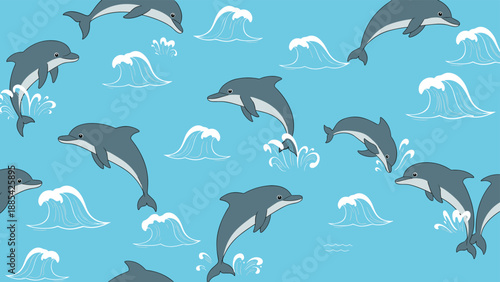 Beautiful seamless pattern of grey dolphins jumping over stylized white ocean waves against a calm blue water background.