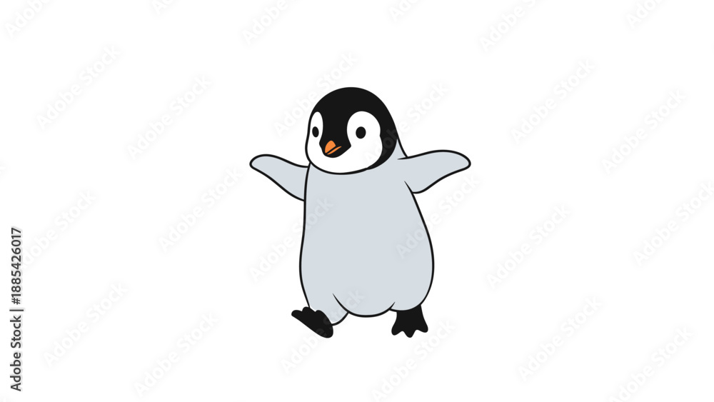 Fototapeta premium Adorable cartoon illustration of a grey and black baby penguin walking forward with its wings spread out in excitement.