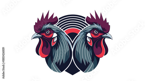 Bold graphic design featuring two symmetrical rooster heads with vibrant red combs and dark blue plumage facing each other.