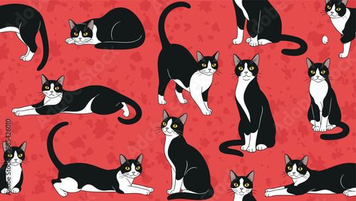 Playful seamless pattern showcasing black and white tuxedo cats in various poses over a vibrant red textured background.