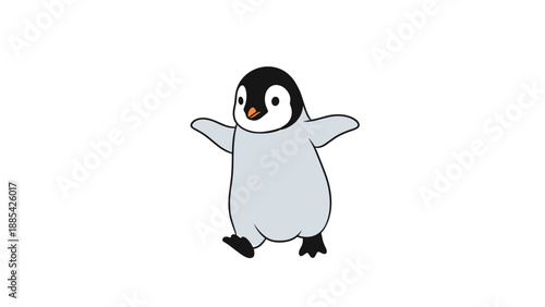 Adorable cartoon illustration of a grey and black baby penguin walking forward with its wings spread out in excitement.