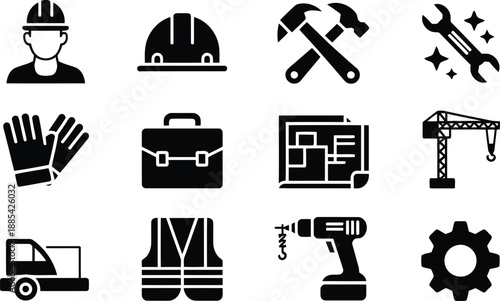 Comprehensive set of construction and industrial service icons including tools, vehicles, and safety equipment