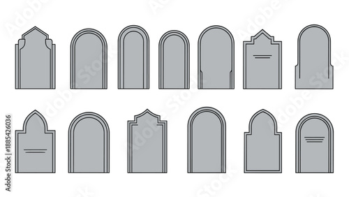 Collection of twelve diverse grey gravestone silhouettes in different traditional shapes for cemetery or funeral designs.