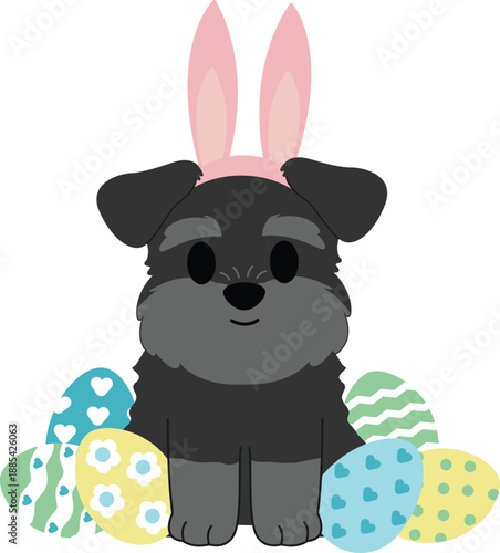 Cute Schnauzer Puppy with Bunny Ears and Easter Eggs