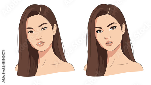 Side by side portrait illustration of a beautiful woman showing a natural look and a glamorous makeup transformation.