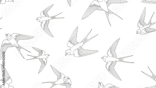 Seamless pattern of swallow birds in various flying positions illustrated with black line art on a clean white background for textiles.
