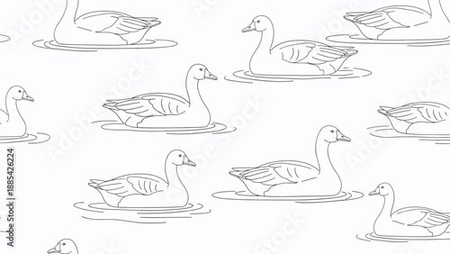 Detailed line art seamless pattern showing multiple geese or ducks floating peacefully on water ripples over a plain white background.
