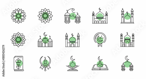 A versatile collection of Islamic and Ramadan-themed line art icons featuring mosques, lanterns, crescent moons, and sacred symbols, ideal for cultural and festive designs