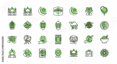 Ramadan Iconography Collection Islamic Symbols, Crescent Moon, Mosque, Prayer, Dates, Lanterns, and More