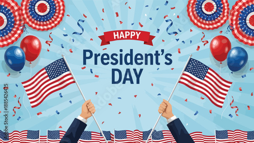 President's Day Celebration with Flags Balloons and Confetti