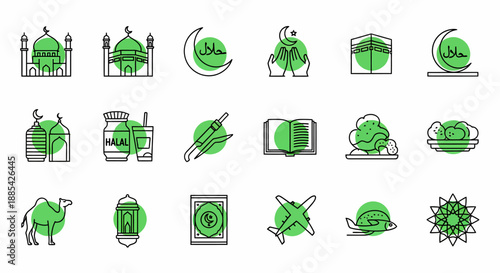 A diverse collection of minimalist line art icons symbolizing Islamic culture, spirituality, and travel concepts, featuring traditional elements and modern representations of faith and pilgrimage