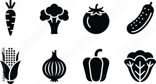 Diverse black vegetable outline icons represent healthy eating choices arranged cleanly on a white surface