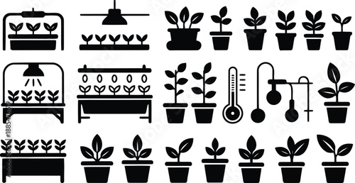 Diverse black silhouette icons illustrating plant growth stages, indoor gardening setups, and plant care