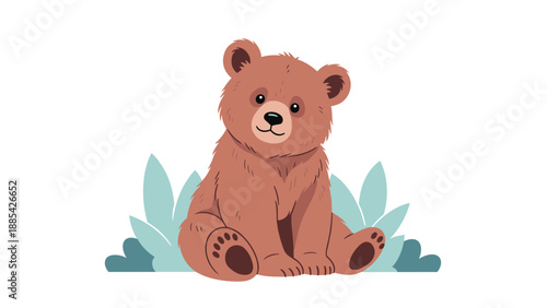 Adorable illustration of a fluffy baby brown bear cub sitting amongst some green leaves on a white background for children.