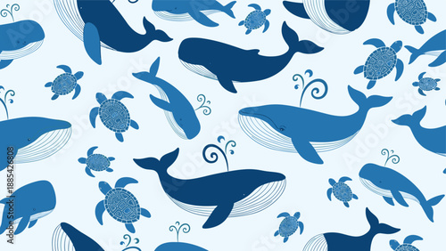 Lovely seamless pattern of various blue whales and sea turtles swimming together in a light blue ocean for nursery wallpaper.