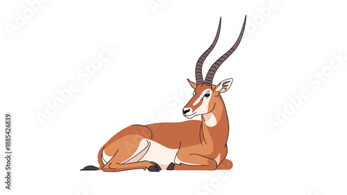 Detailed illustration of a reddish-brown impala or antelope with long spiraled horns sitting peacefully on a white background.
