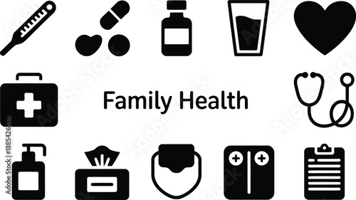 Diverse collection of family health and medical icons featuring a thermometer, pills, and stethoscope