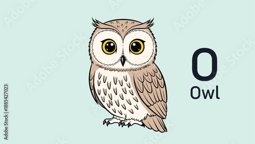 Educational alphabet illustration featuring a cute brown owl character sitting next to the letter O and the word owl.
