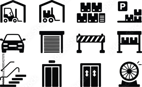 Diverse collection of twelve black silhouette icons for warehousing, transportation, and building infrastructure