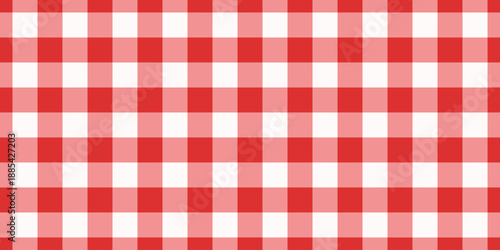 Red gingham fabric seamless pattern. Cute check plaid. Picnic kitchen tablecloth texture. Gingham square vintage texture. Vector illustration isolated on white background.