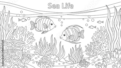 Detailed underwater sea life coloring page features two large striped fish swimming among coral reefs and plants on the ocean floor.