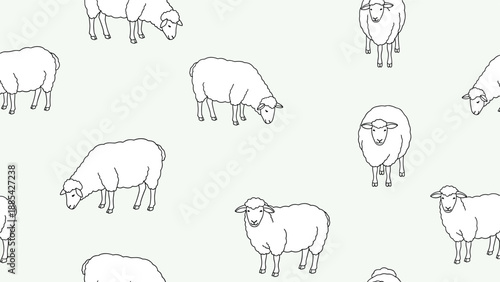 Playful seamless pattern displays several white sheep in various poses like grazing and standing on a soft light green background.