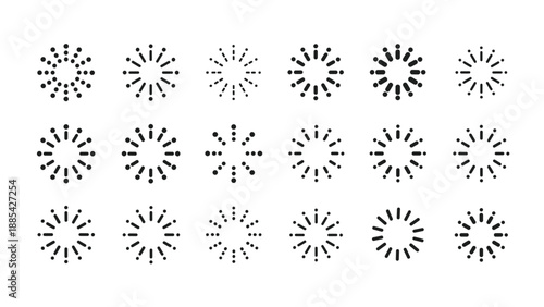 Diverse set of eighteen black burst and firework icons features various radiating line designs for celebrating special events or graphic accents.
